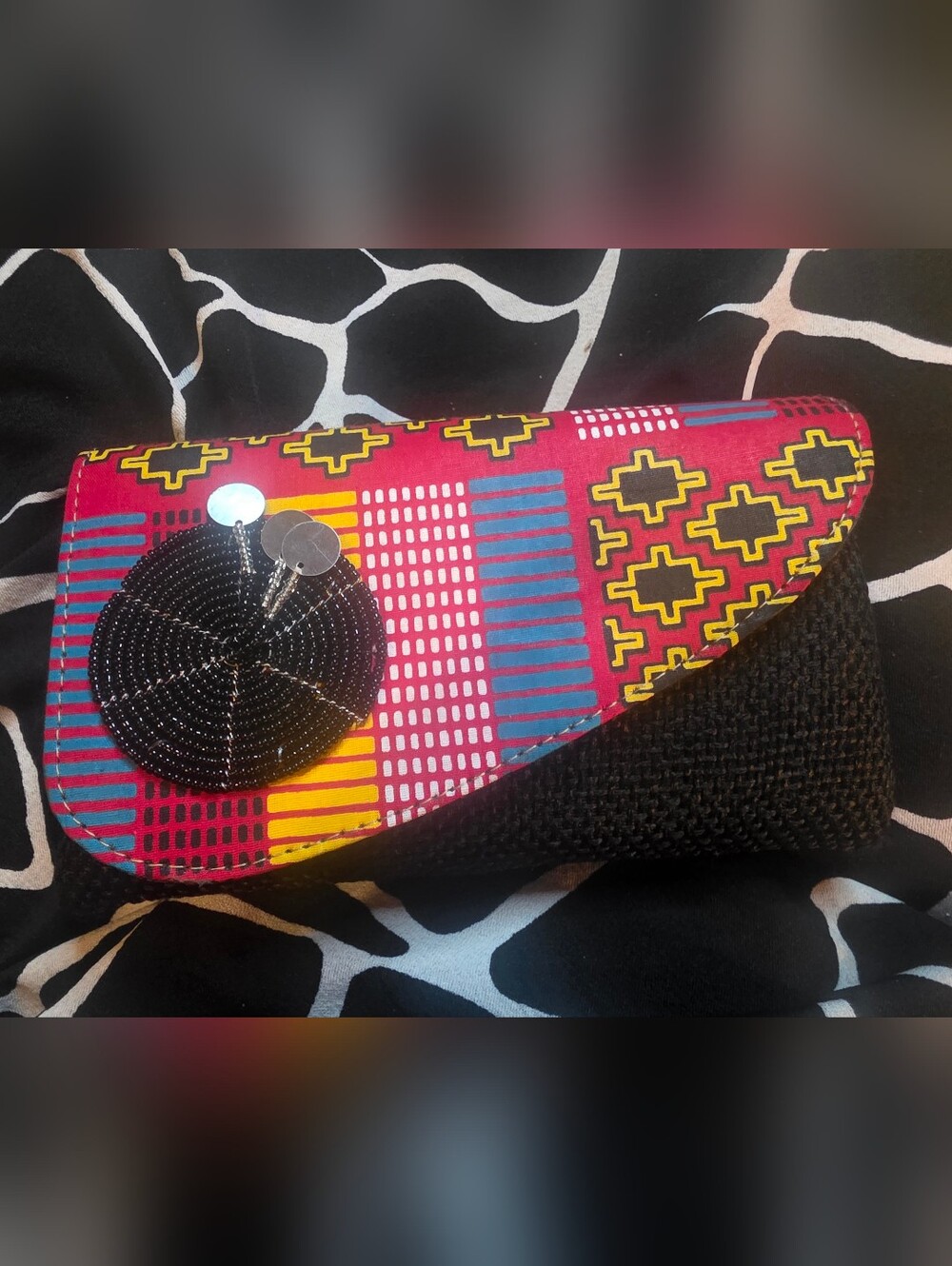 Multicolor African Print Clutch Bag with Black Beaded Accent